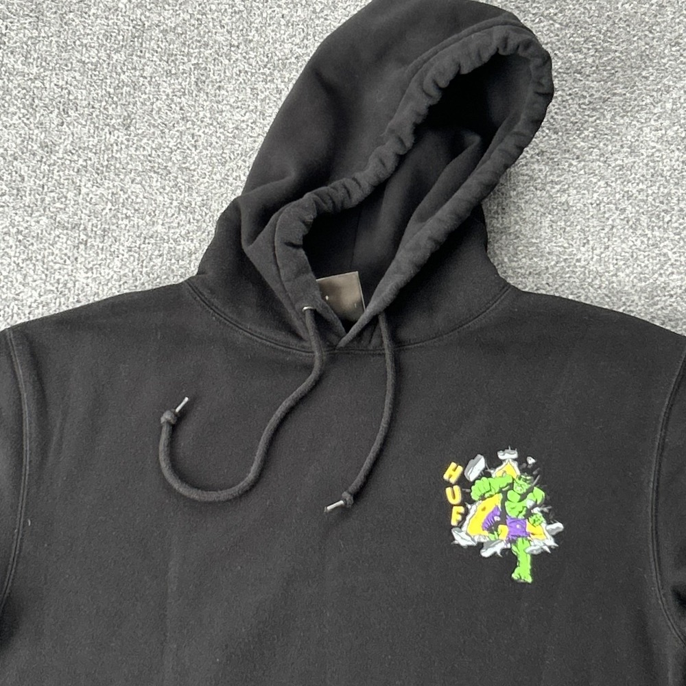 HUF Marvel Hulk Hoodie Mens Medium Black Graphic Pullover Sweatshirt Fleece